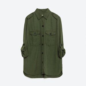 Zara Woman Premium Denim Collection Olive Green Button Down Shirt Medium